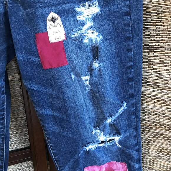 Upcycled Aztec Tribal Patchwork Jeans, Junior Size 12: Distressed Cropped Denim - Picture 13 of 13